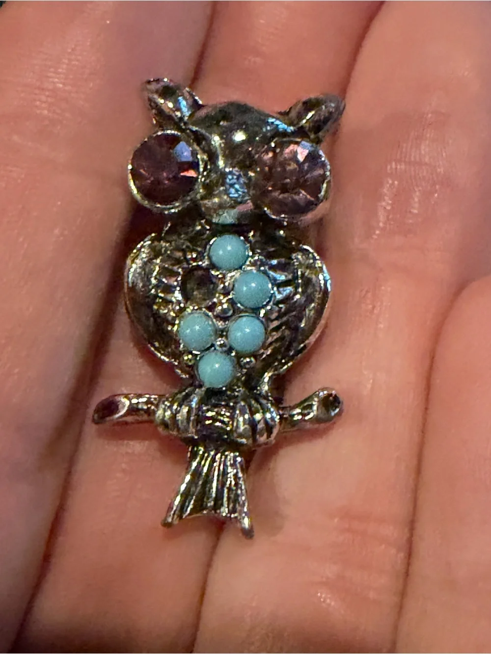 Set of 2 Vintage Silver Owl Brooches with Turquoise Beads
